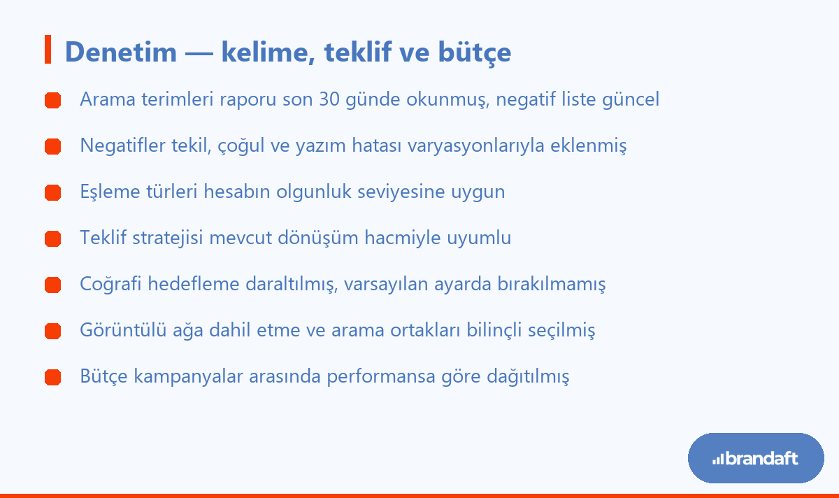 Google Ads Hesap Denetimi: 15 Maddelik Kontrol Listesi 3 Google Ads hesap denetiminde anahtar kelime, teklif ve bütçe başlığında kontrol edilen yedi madde.