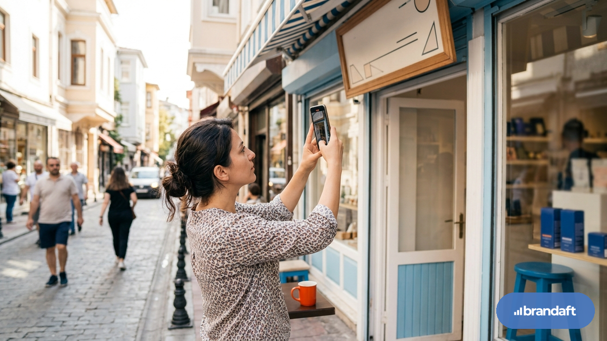 İşletme sahibinin dükkân cephesinde telefonuyla tabelayı çekerek doğrulama videosu kaydetmesi