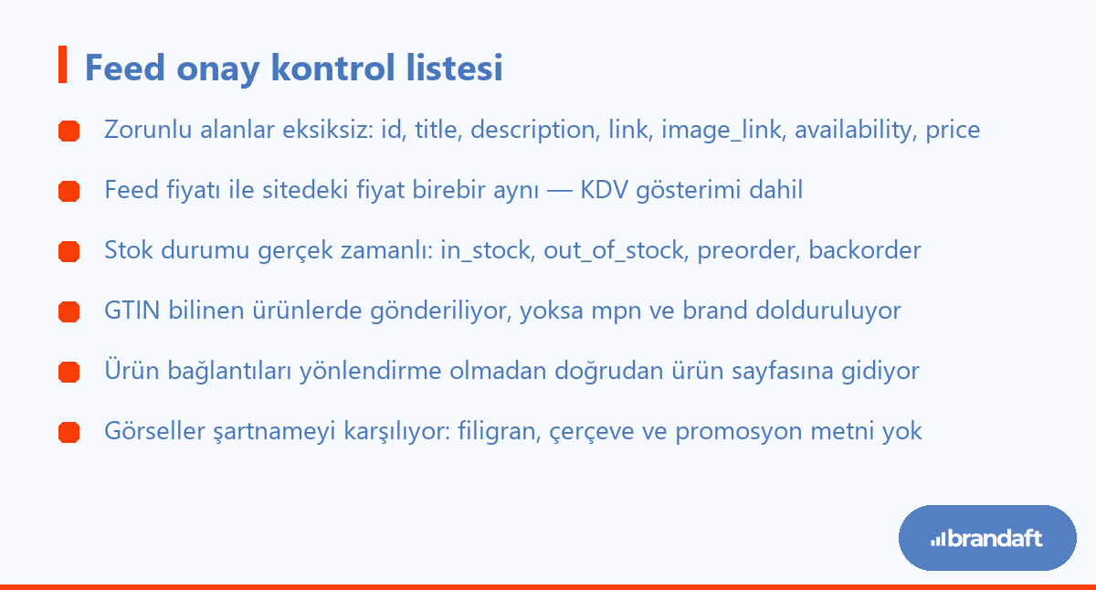 Merchant Center ürün verisi gönderilmeden önce kontrol edilmesi gereken altı madde.