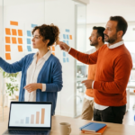 SEO team planning a long-term roadmap with sticky notes arranged as a monthly timeline