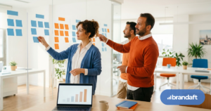 SEO team planning a long-term roadmap with sticky notes arranged as a monthly timeline