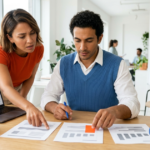 Business owner and colleague comparing three printed SEO proposals side by side