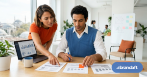 Business owner and colleague comparing three printed SEO proposals side by side