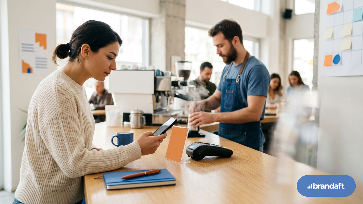 Kafe tezgâhında ödeme terminalinin yanında duran yorum kartına müşterinin telefonunu yaklaştırması
