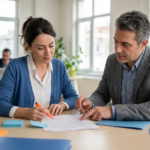 A marketing director and a legal advisor review a digital marketing agency contract clause by clause at a bright office table.