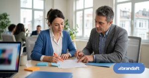 A marketing director and a legal advisor review a digital marketing agency contract clause by clause at a bright office table.