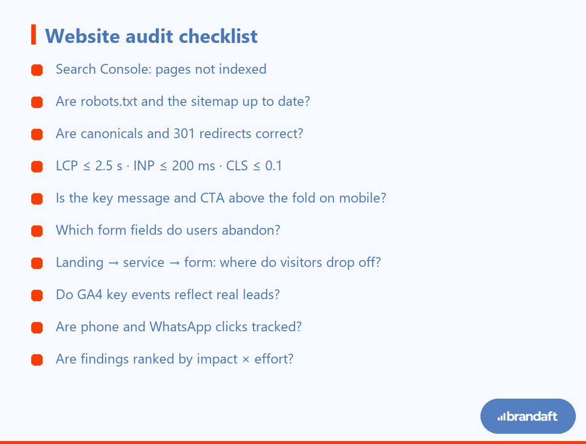 Website audit checklist: crawling, indexing, Core Web Vitals, mobile experience, conversion path and measurement checks.